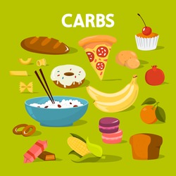 Set of carb food. Bread and other bakery, pasta, rice and sugar. Delicious meal from carbohydrate group. Isolated vector illustration in cartoon style