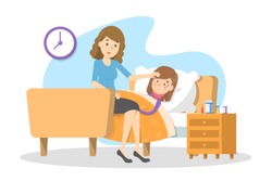 Mothercare for a sick child with fever. Ill kid lying in the bed under blanket. Girl suffer from flu or cold. Isolated vector illustration in cartoon style
