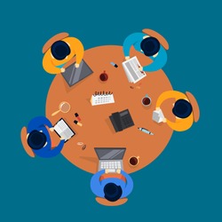Group of people on a conference. Workers sitting around the table on the meeting. Office conference room. Teamwork top view. Vector illustration in cartoon style