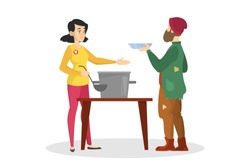 Volunteer feed homeless man. Help and support. Woman with a soup in the pot. Generous girl volunteering. Isolated vector cartoon illustration