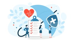 Health insurance concept. Big clipboard with document on it under the umbrella. Healthcare, finance and medical service. Isolated vector illustration in cartoon style