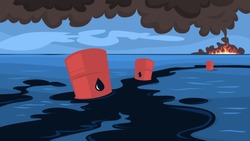 Water pollution concept. Oil spills in the sea or ocean. Danger of ecology and environment. Natural disaster. Vector illustration in cartoon style