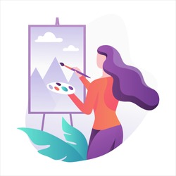 Woman artist standing at the easel and painting. Young painter with palette. Creative profession. Vector illustration in flat style isolated