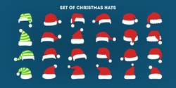 Christmas hat set. Collection of Santa Claus decoration for photo booth. Holiday party concept. Isolated flat vector illustration