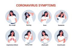 2019-nCoV covid-19 symptoms. Coronovirus alert. Woman with chinese dangerous diseas. Set of isolated vector illustration in cartoon style