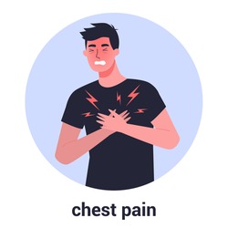Man feel chest pain. Heart attack or symptoms of heart disease. Idea of health danger and sickness. 2019-nCoV symptom. Virus prevention and protection. Coronovirus alert. Isolated flat illustration