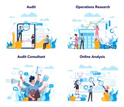 Audit concept set. Business operation research and analysis. Financial inspection and analytics. Isolated flat vector illustration