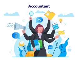 Accountant office manager. Professional bookkeeper. Concept of the tax calculating and financial analysis. Business character making financial operation. Vector illustration
