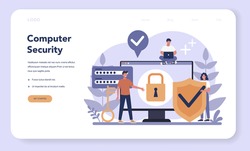 Cyber or web security web banner or landing page. Idea of digital data protection and safety. Modern technology and virtual crime. Protection information in internet. Flat vector illustration