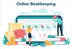 Accountant online service or platform. Professional bookkeeper website. Concept of the tax calculating and financial analysis. Vector illustration