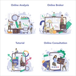 Financial broker online service or platform set. Income, investment and saving. Business character making financial operation. Online broker, analysis, tutorial, consultation. Vector illustration