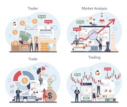 Trader, financial investment concept set. Buy, sell or loss profits, trader strategy, market analysis. Idea of money increase and finance growth. Vector illustration in flat style