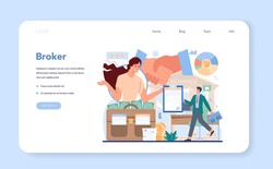 Financial broker web banner or landing page. Income, investment and saving. Customer support and trust management. Business character making financial operation. Isolated vector illustration