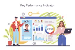 KPI concept. Key performance indicators. Employee evaluation, testing form and report, worker performance review. Staff management, empolyee development. Isolated flat vector illustration