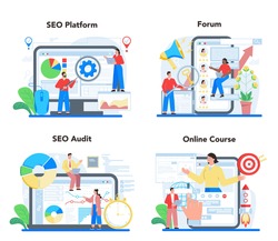 SEO specialist online service or platform set. Idea of search engine optimization for website as marketing strategy. Web page promotion. Online forum, seo audit, course. Vector flat illustration