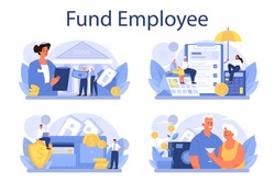 Pension fund employee set. Specialist helps senior people to save money for retirement, financial independence idea. Economy and wealth, pension plan. Vector illustration in cartoon style