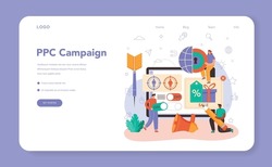 PPC specialist web banner or landing page. Pay per click manager, contextual advertsing and targeting in the internet. Marketing strategy for business promotion. Flat vector illustration