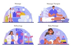 Masseur concept set. Massage back treatment and relaxation therapy. Therapist massaging a client on table. Reflexology and baby massage. Flat vector illustration