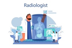 Radiology concept. Idea of health care and disease diagnosis. X-ray, MRI and ultrasound image of human body with computed tomography. Flat vector illustration