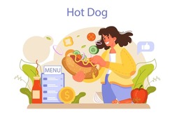 Hot dog. Unhealthy fast food cooking, american snack with ketchup, bun and sausage. Delicious food with a bun and poured mustard. Flat vector illustration