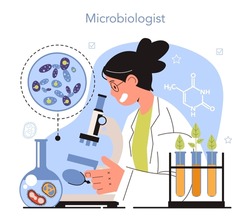 Diverse women in science concept. Female character, microbiologist study the biology of microscopic organism: viruses and bacteria in molecular and cellular level. Flat vector illustration