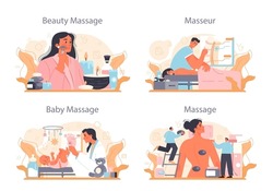 Masseur concept set. Massage back treatment and relaxation therapy. Therapist massaging a client on table. Beauty and baby massage. Flat vector illustration