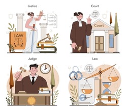 Judge concept set. Court worker stand for justice and law. Judge in traditional black robe hearing a case and sentencing. Judgement and punishment idea. Flat vector illustration