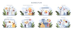 Business plan layout set. Business strategy structure. Organizational and financial planning, production and marketing. Flat vector illustration