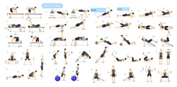 Workout man set. Male doing fitness and yoga exercises. Lunges and squats, plank and abc. Full body workout.