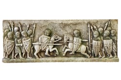 Simile of a classic medieval frieze showing a knights battle isolated on white background. Aged moss effect. Clipping path.