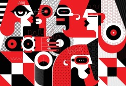 Modern art black and red vector illustration of a large group of people and abstract geometric shapes.