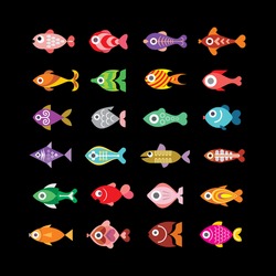 Exotic aquarium fishes - set of color vector icons. Isolated on black background.