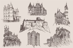 Graphical set of vintage medieval castles isolated on white background, castles of Germany, Crimea, France