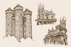 Graphical set of vintage medieval castles isolated,vintage sightseeing illustration,architecture