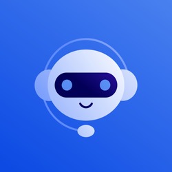 Chat bot ai and customer service support concept. Vector flat person illustration. Smiling robot in headphone on blue background. Design element for banner, web error page, logo.