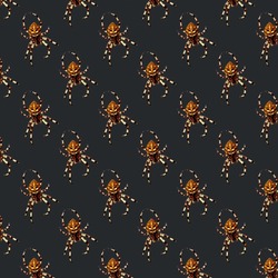 Four spot orb weaver spider pattern isolated on black background. Araneus quadratus garden arachnid spooky texture on dark backdrop. Yellow spotted arachnid print for Halloween