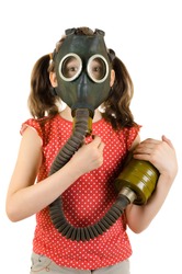 vertical photo  little girl  in gas mask, on white background, isolated