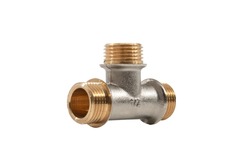 brass adapter tee pipeline threaded connecting fitting, on white background, isolated