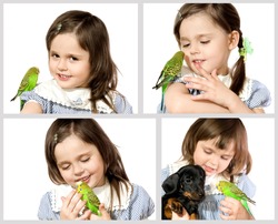 The beautiful little girl holds Parrot and smiles on white background close up