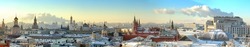 Moscow city historical skyline panorama winter snow building street kremlin tower red square university church cathedral government building hotel roof russian winter low sun theme aerial view 