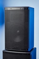 High-end loudspeakers. Music Studio speakers. Sound system for sound recording studio. Professional hi-fi speaker box. Audio equipment for home theater. Electronic music concept.