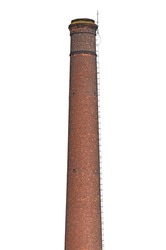 Isolated old aged weathered tall industrial factory chimney, red grungy brick smokestack grunge vintage closeup