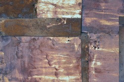 Old aged weathered rusty corroded coat iron sheets texture pattern, multiple horizontal rusted corroding grunge metal patch plates, rustic patched hut shack wall macro closeup, large detailed textured