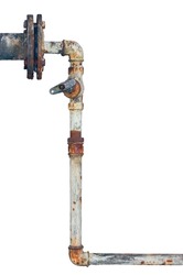 Old rusty pipes, aged weathered isolated grunge rustic iron pipeline and plumbing connection joints with industrial tap fittings, faucets and valve