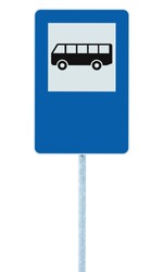 Bus Stop Sign on post pole, traffic road roadsign, blue isolated signage copy space