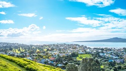 stunning view of Auckland from Mount Vitoria lookout view point located in seaside village of Devonport, panoramic views of Auckland city, the Hauraki Gulf, Rangitoto Island and the north shore