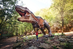 Cute kid walking in dinosaur park. Tourist attraction for children. Happy child having fun at dino park. Summer camp, vacation and weekend day.