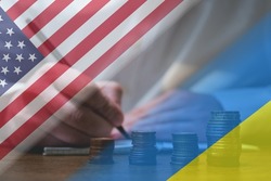 Ukraine need support from America. Abstract USA Ukraine politics relationship concept. Financial crisis and war Russia USA Ukraine concept.
