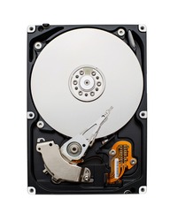 Detailed view of the inside of a hard disk drive. Front view of HDD. Storage Concept