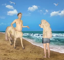 The centaur meets the strange horse on the beach of the sea. He was very confused.